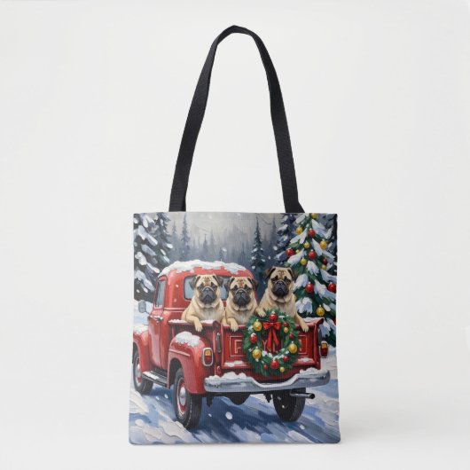 Pug Christmas Red Truck Holiday トートバッグ (正面)