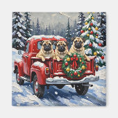 Pug Christmas Red Truck Holiday マグネット (正面)