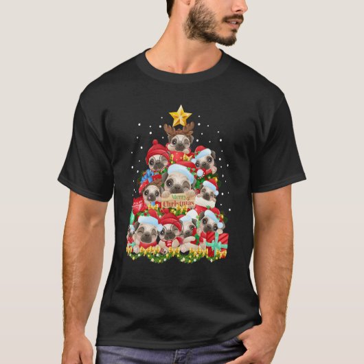 Pug Christmas Tree Dog Santa Xmas Boys Girls Merry Tシャツ (正面)