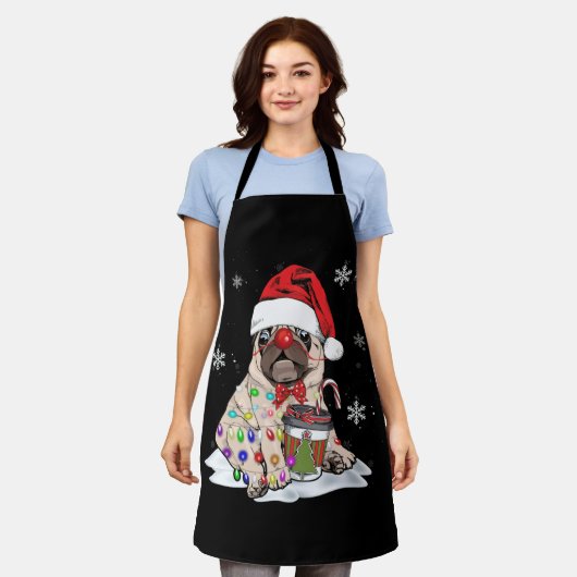 Pug Christmas Tree Lights Santa Dog Boys Pugmas エプロン (着用した状態)