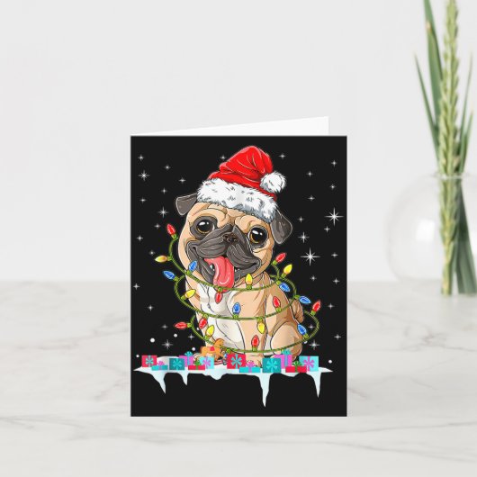 Pug Christmas Tree Lights Santa Dog Xmas  カード (正面)