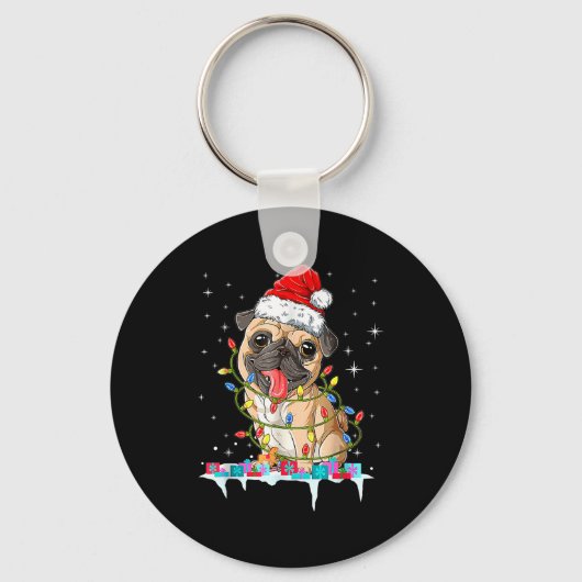 Pug Christmas Tree Lights Santa Dog Xmas  キーホルダー (正面)