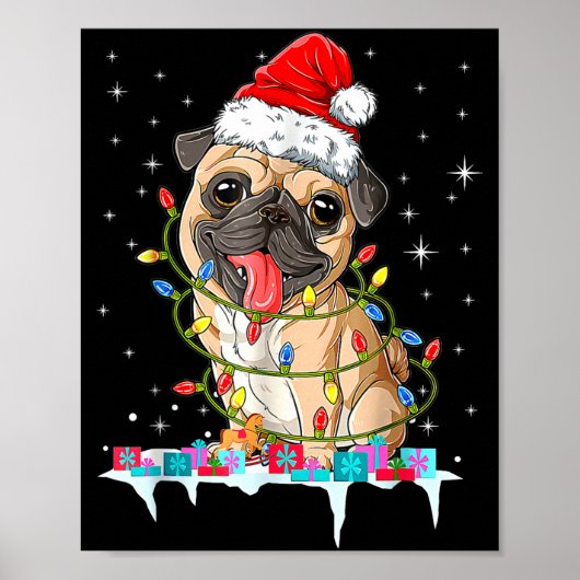Pug Christmas Tree Lights Santa Dog Xmas  ポスター (正面)
