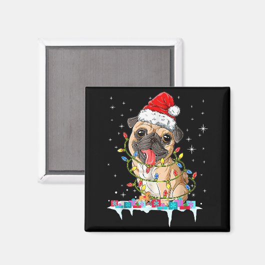 Pug Christmas Tree Lights Santa Dog Xmas  マグネット (正面/裏面)