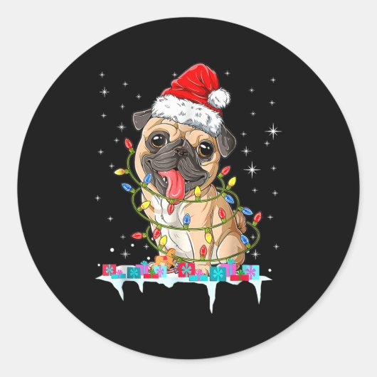 Pug Christmas Tree Lights Santa Dog Xmas  ラウンドシール (正面)
