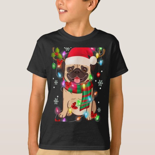 Pug Christmas Tree Lights Santa Dog Xmas Boys Pugm Tシャツ (正面)
