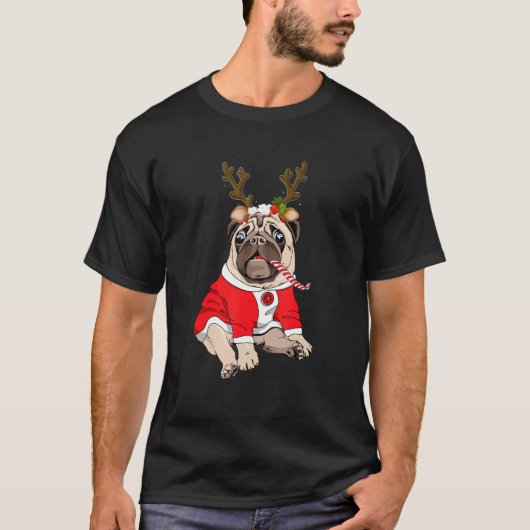 Pug Deer Pug Reindeer Christmas Xmas Idea Tシャツ (正面)