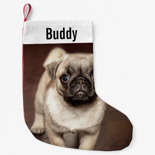 Pug Dogパーソナライズされた写真とPug Dogの名前 スモールクリスマスストッキング (正面)