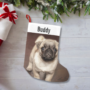Pug Dogパーソナライズされた写真とPug Dogの名前 スモールクリスマスストッキング