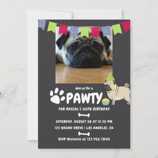 Pug Dog誕生日写真の招待 招待状 (正面)