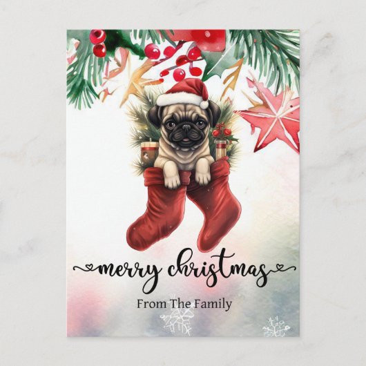 Pug Dog Christmasをテーマにしたポストカード ポストカード (正面)