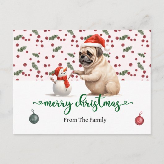 Pug Dog Christmasをテーマにした ポストカード (正面)