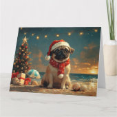 Pug Dog Christmas Vintage Beach カード (正面)