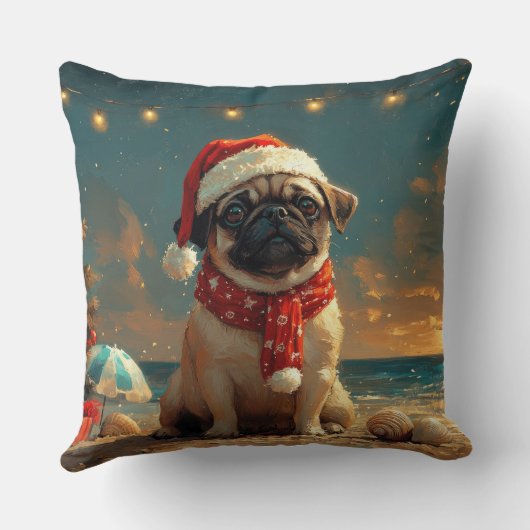 Pug Dog Christmas Vintage Beach クッション (裏面)