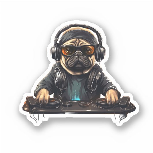 Pug dog dj、Music Lover、Dog lover、Pug lover シール (正面)