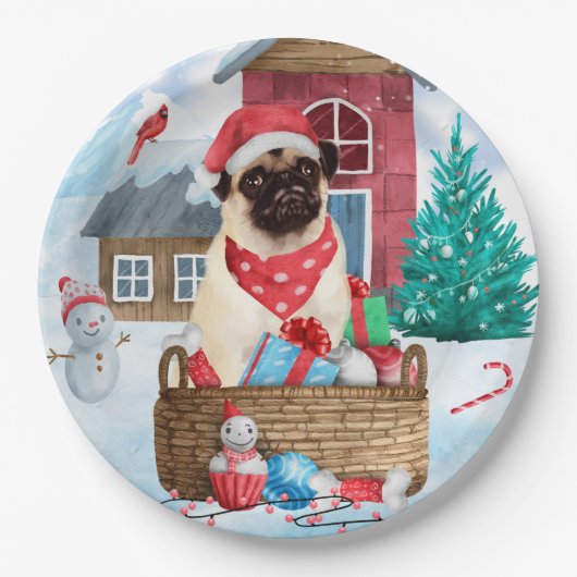 Pug Dog In snow Christmas Dog House ペーパープレート (正面)