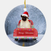 Pug Dog in Snow sitting in Christmas Truck  セラミックオーナメント (裏面)