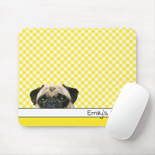 Pug Dog on Yellow Gingham マウスパッド (マウス)