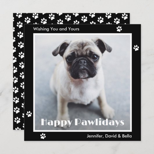 Pug Dog Paw Prints Pet Photo Black Holiday Card シーズンカード (正面/裏面)