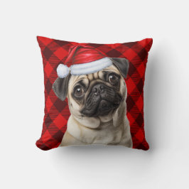 Pug Dog Red Buffalo Plaid Christmas Holiday クッション