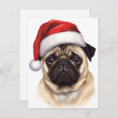 Pug Dog Santa Hat Merry Christmas Art シーズンカード (正面/裏面)