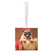Pug Dog Two Photo Christmas Holiday キューブオーナメント (右)