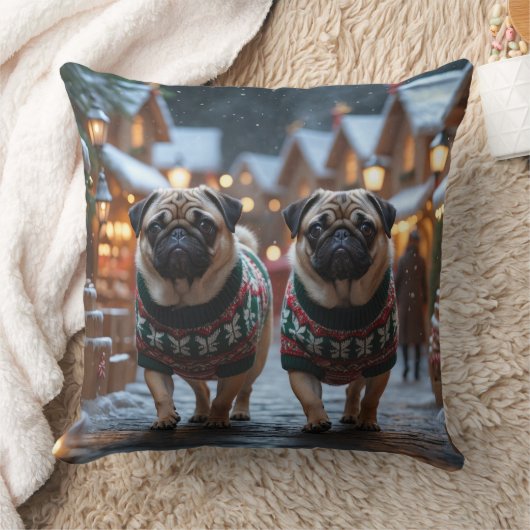 Pug Dogs Christmas Snow Holiday クッション (ブランケット)