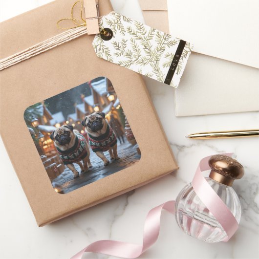 Pug Dogs Christmas Snow Holiday スクエアシール (ギフト)