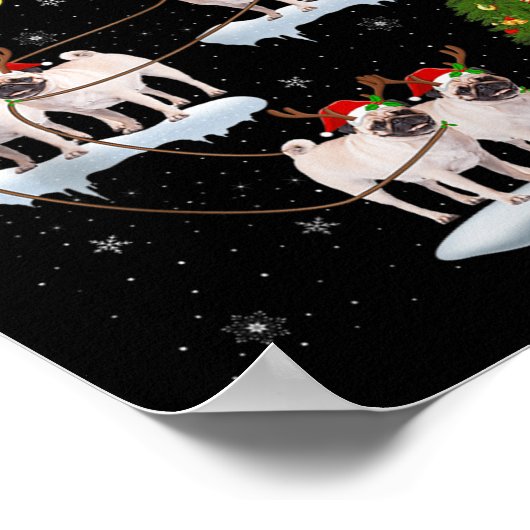 Pug Dogs Santa Sleigh Flying Funny Magical Christm ポスター (角)