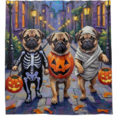 Pug Dogs Trick-or-Treating in Halloween Costumes シャワーカーテン (正面)