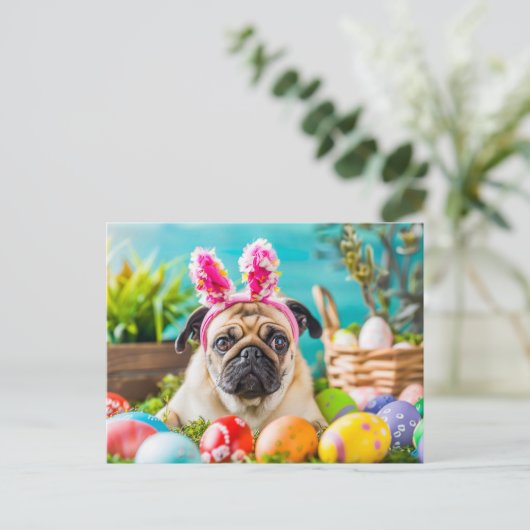 Pug Dressed as Easter Bunny with Eggs ポストカード (スタンド正面)
