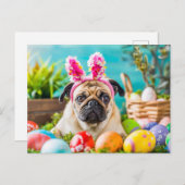 Pug Dressed as Easter Bunny with Eggs ポストカード (正面/裏面)