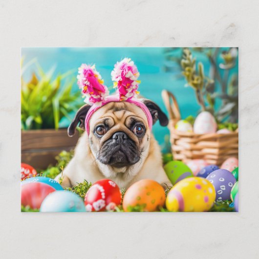 Pug Dressed as Easter Bunny with Eggs ポストカード (正面)