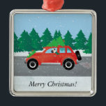 Pug Driving Car with Christmas Tree on Top メタルオーナメント<br><div class="desc">Pug dog breed Christmas design. This silhouette can also represent: Pug,  Multum in parvo,  Ori Pei,  Carlin,  Chinese Pug Dog,  Dutch Bulldog,  Mops,  Dutch Mastiff,  Holland’s Royal,  House of Orange,  Pug Dog,  Lo-sze,  Mopsi,  Doguillo,  Mophounds,  toy,  brachycephalic,  Frenchie,  French bulldog,  Boston terrier</div>