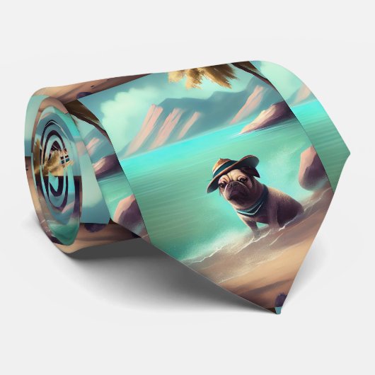 Pug enjoying on beach painting art  ネクタイ (ロール)