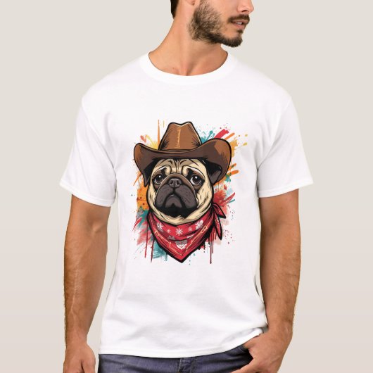Pug face Cute Western cowboy hat & bandana Tシャツ (正面)