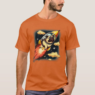 pug flying into space with a rocket tシャツ