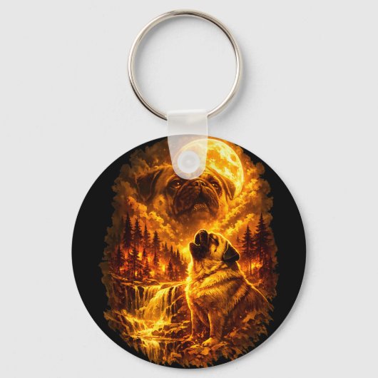 Pug howling at moon dramatic full moon  キーホルダー (正面)