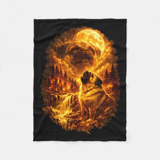 Pug howling at moon dramatic full moon  フリースブランケット (正面)