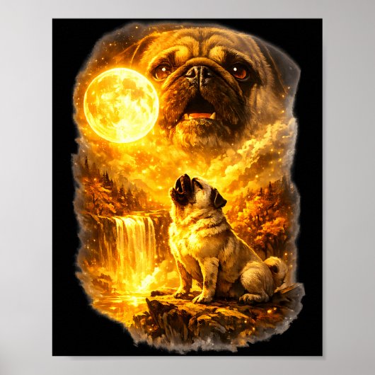 Pug howling at moon epic forest fantasy  ポスター (正面)
