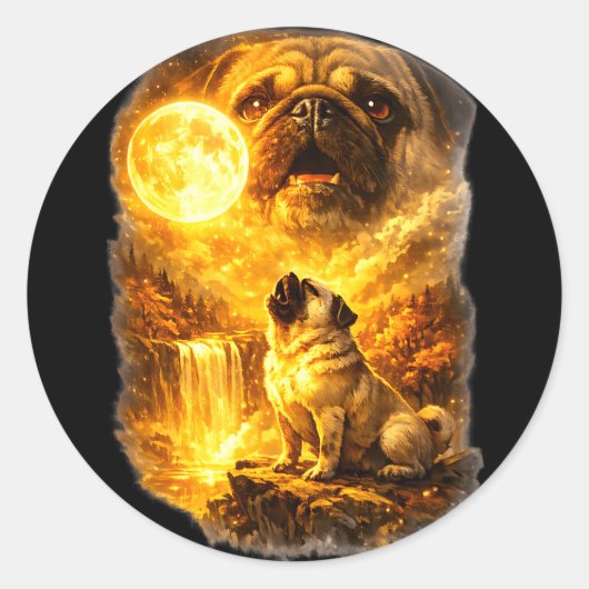Pug howling at moon epic forest fantasy  ラウンドシール (正面)