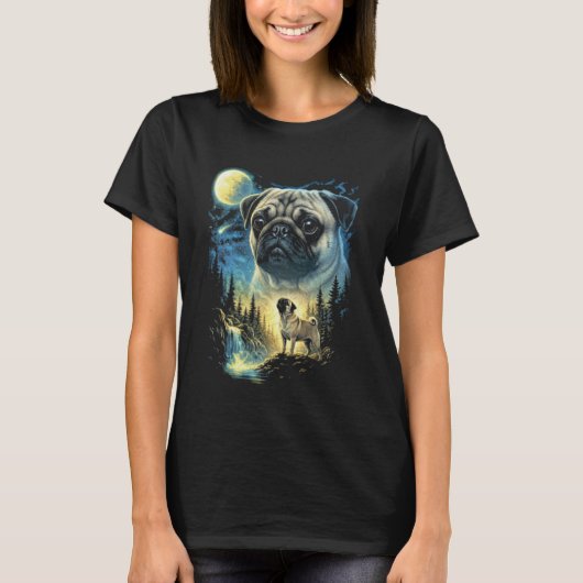 Pug Howling to The Moon Meme Funny 90's Pug Dog Lo Tシャツ (正面)