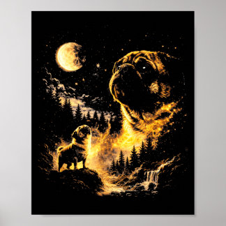 Pug howling to the moon vintage 90s funny dog ポスター