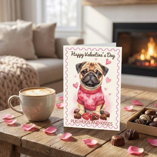 Pug Hugs and Kisses Adorable Valentine's Day カード