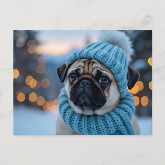 Pug in Winter Wonderland,クリスマスカード シーズンポストカード (正面)