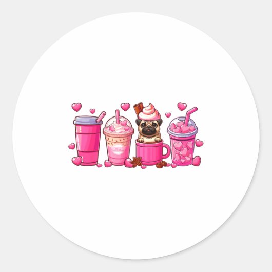 Pug Inside Cup Coffees Lover Valentines Day Heart  ラウンドシール (正面)