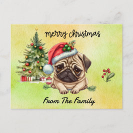 Pug Merry Christmas watercolor ポストカード