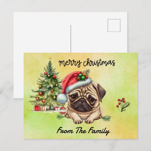 Pug Merry Christmas watercolor ポストカード (正面/裏面)