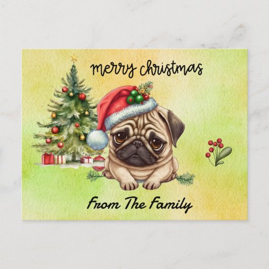 Pug Merry Christmas watercolor ポストカード (正面)