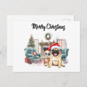 Pug Merry Christmas watercolor ポストカード (正面/裏面)